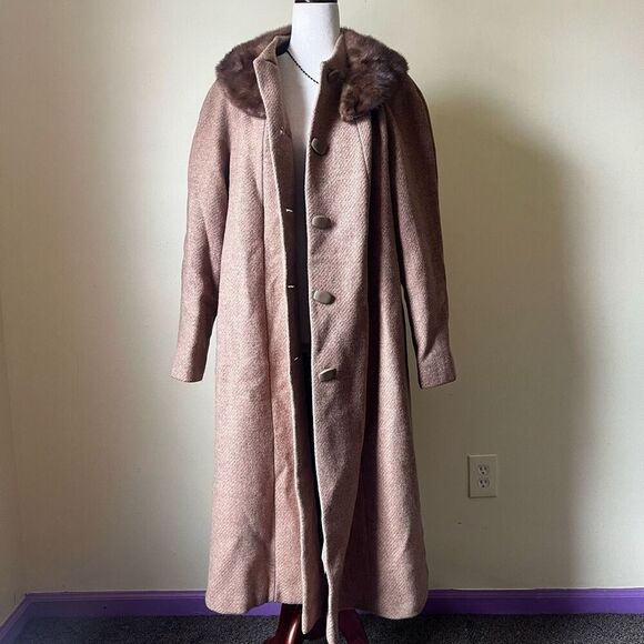 Vintage 60s Pure Wool Swing Coat Button Down Tan Brown Fur Collar Medium - Picture 13 of 13